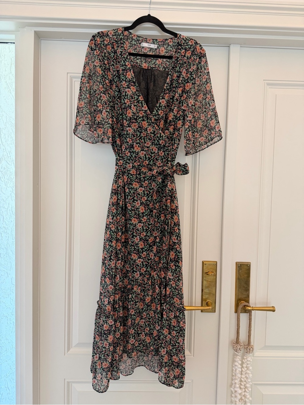 Mango Floral Wrap Maxi Dress in Black and Coral size 8